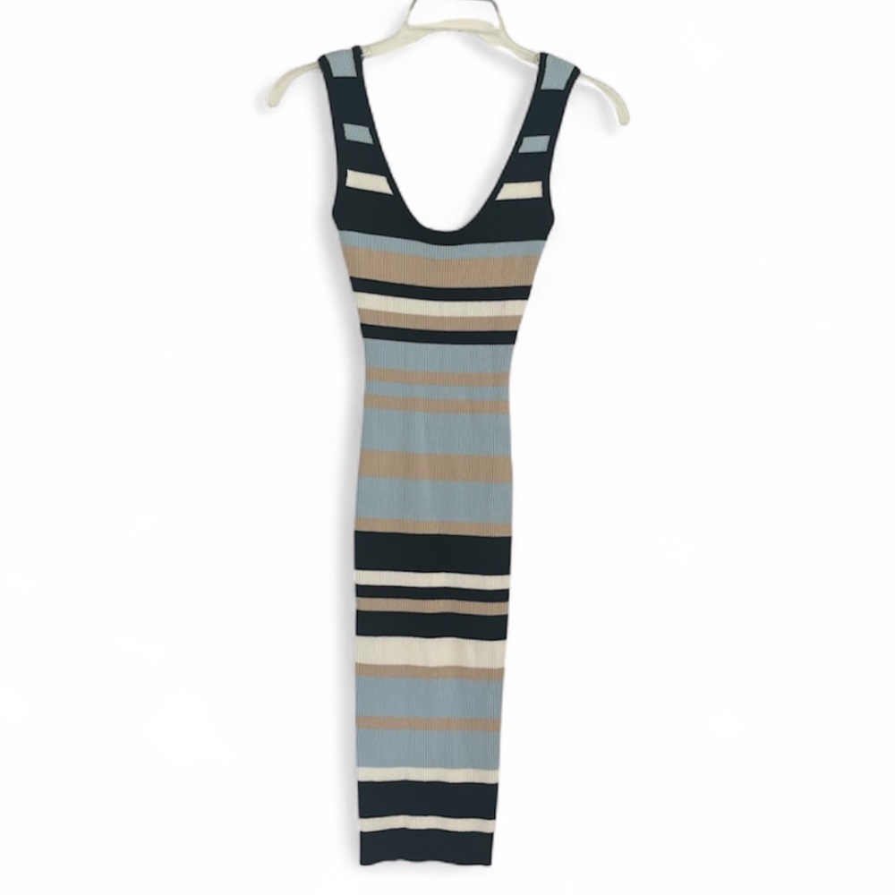 Hot Miami Styles Striped Sleeveless Body-con  Dress Black, Blue & Tan Sz S